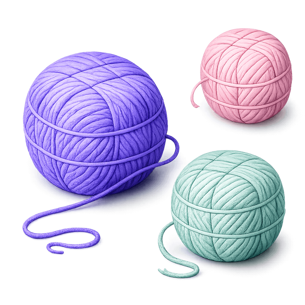Three balls of yarn — purple, pink, and teal